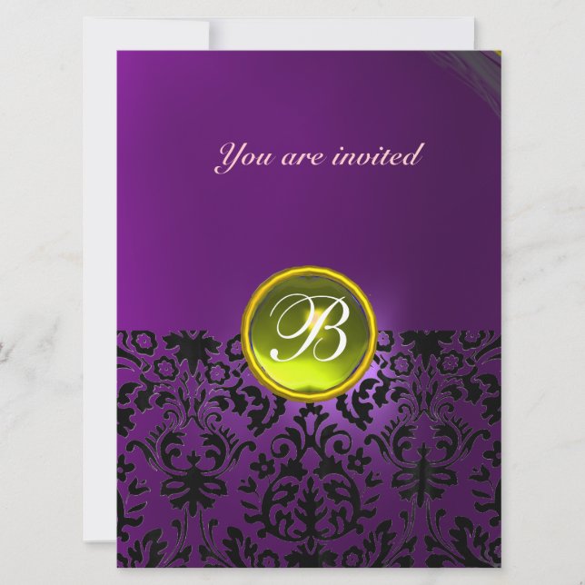 DAMASK GEM STONE MONOGRAM  yellow purple Invitation (Front)