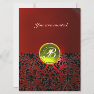 DAMASK GEM STONE MONOGRAM yellow red Invitation