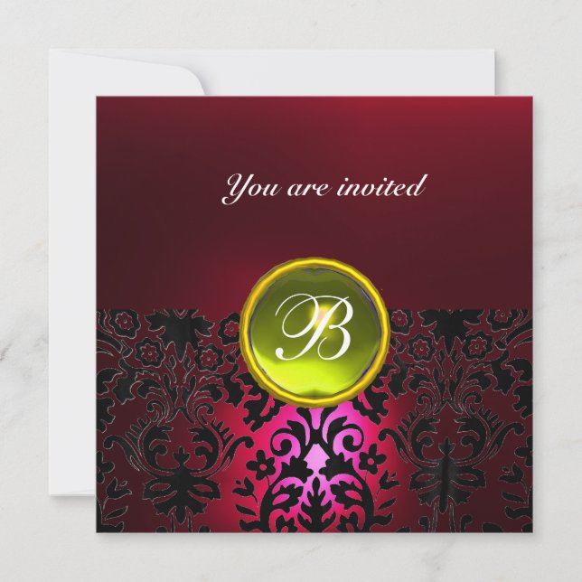 DAMASK GEM STONE MONOGRAM yellow ruby red burgundy Invitation (Front)