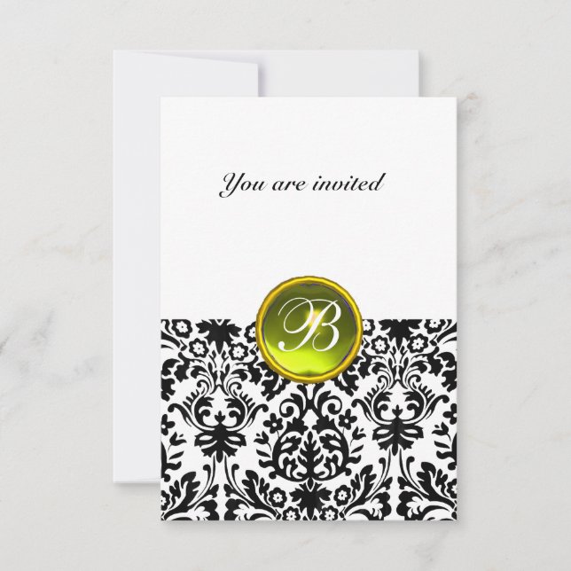 DAMASK GEM STONE MONOGRAM  yellow white rsvp Invitation (Front)