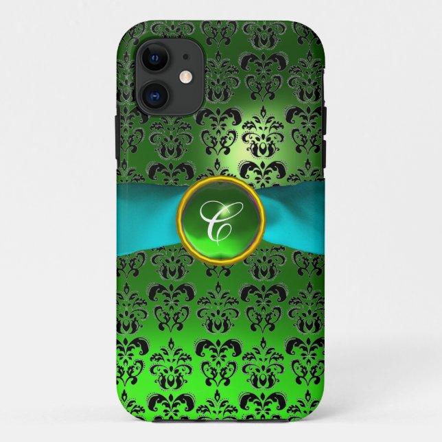 DAMASK GIRLY MONOGRAM green aqua blue ribbon Case-Mate iPhone Case (Back)
