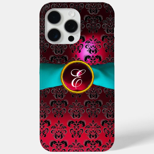 DAMASK GIRLY MONOGRAM red burgundy white ribbon Case-Mate iPhone Case (Back)