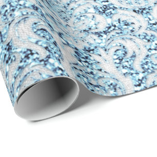 Damask Glitter Blue Silver Grey Royal Cottage Lux Wrapping Paper