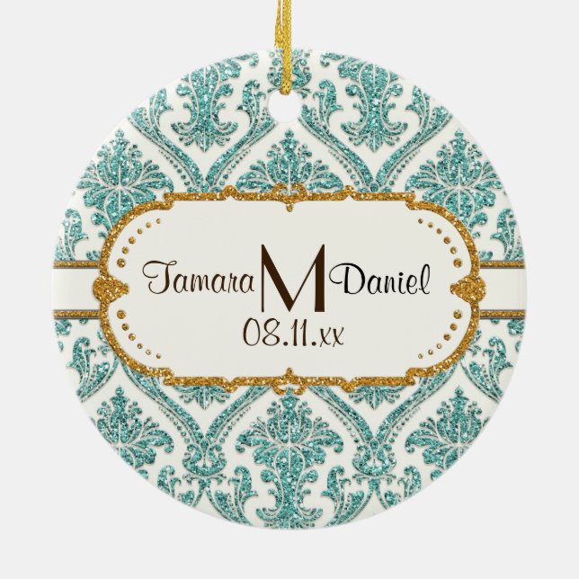 damask glitter ceramic ornament (Back)