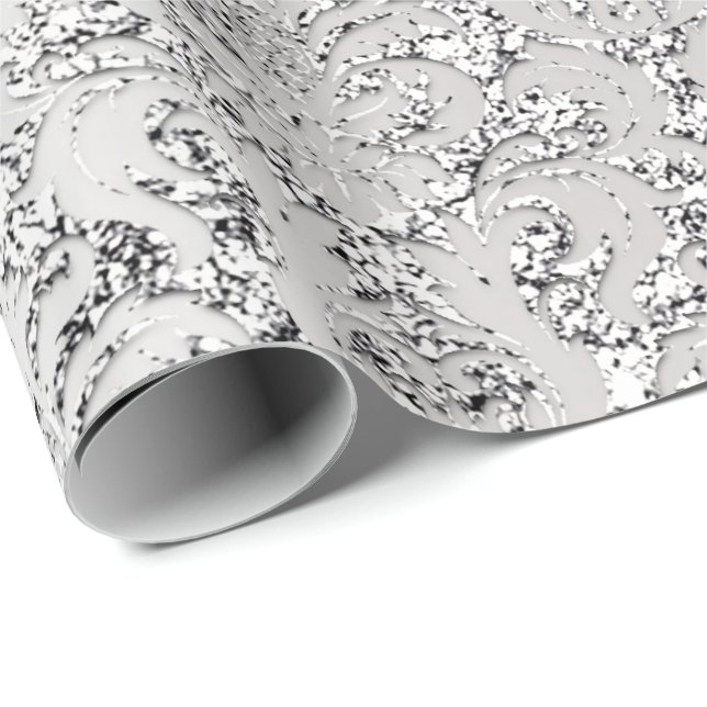 Damask Glitter Silver Grey Royal Metallic Bridal Wrapping Paper (Roll Corner)