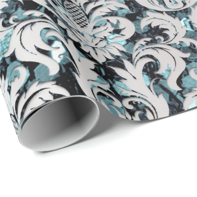 Damask Glitter Teal Silver Grey Royal Sequin Wrapping Paper (Roll Corner)