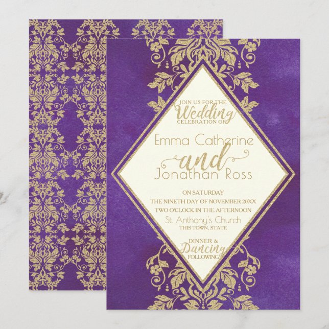Damask Gold and Royal Purple Wedding Invitation (Front/Back)