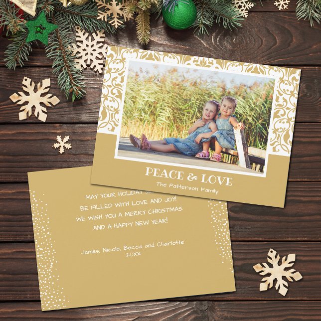 Damask Gold and White Christmas Photo Holiday Card (Gold and white damask design Christmas photo holiday cards, PRINTED and/or INSTANT DOWNLOAD)