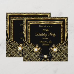 Damask Gold Diamond Black Bow Birthday Party Invitation