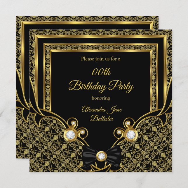 Damask Gold Diamond Black Bow Birthday Party Invitation (Front/Back)
