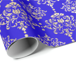 Damask Gold Faux Royal Metallic Bright Cobalt Blue Wrapping Paper