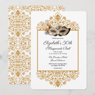 Damask Gold Masquerade Ball 50th Birthday Invitat Invitation