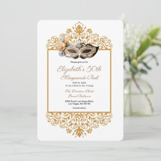 Damask Gold Masquerade Ball 50th Birthday Invitat Invitation