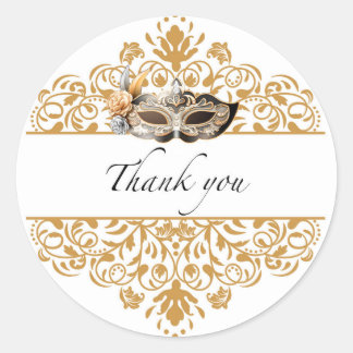 Damask Gold Masquerade Thank You Sticker