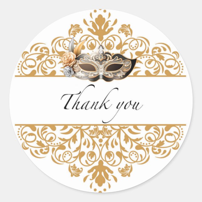 Damask Gold Masquerade Thank You Sticker (Front)