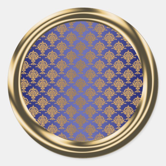Damask Gold on Royal Blue Classic Round Sticker (Front)