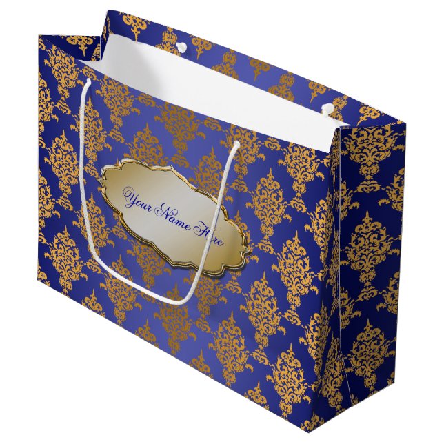 Damask Gold on Royal Blue Label Large Gift Bag (Front Angled)