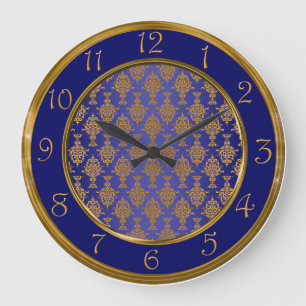 Damask Gold on Royal Blue Numbers Large Clock