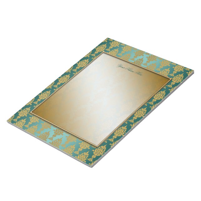 Damask Gold on Teal Green Borders Notepad (Angled)