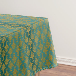 Damask Gold on Teal Green Tablecloth