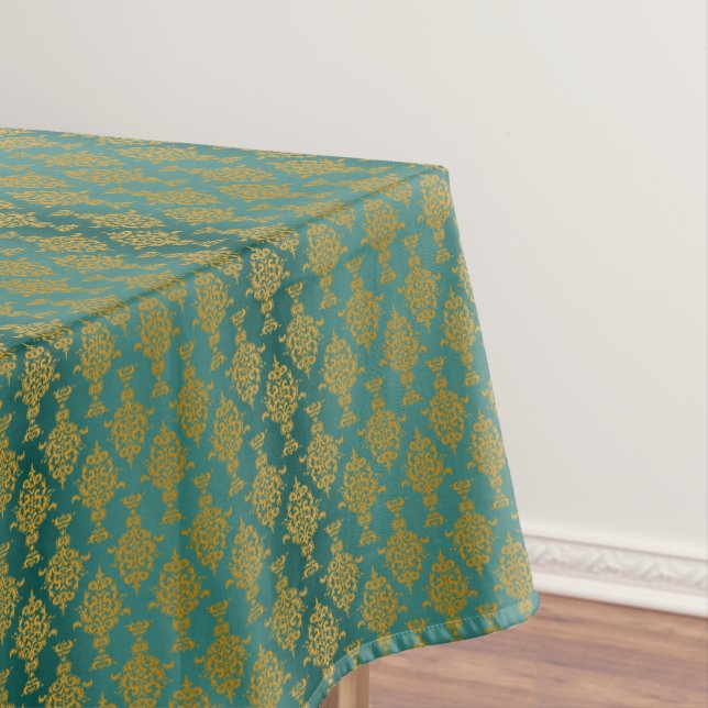 Damask Gold on Teal Green Tablecloth (In Situ)