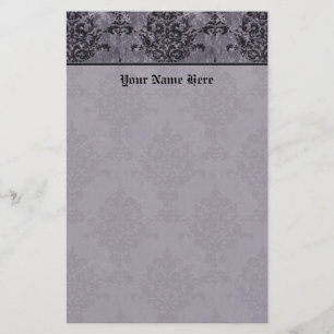 Damask Gothic Black on Purple Stone Border Stationery