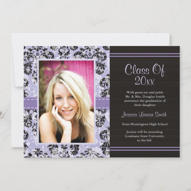 Damask Graduation Photo Announcement Invitation Pu (Front)