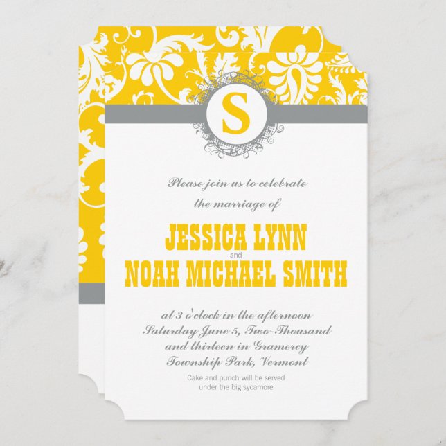 Damask Gray Jaune Monogramme Mariage Invitation (Devant / Derrière)