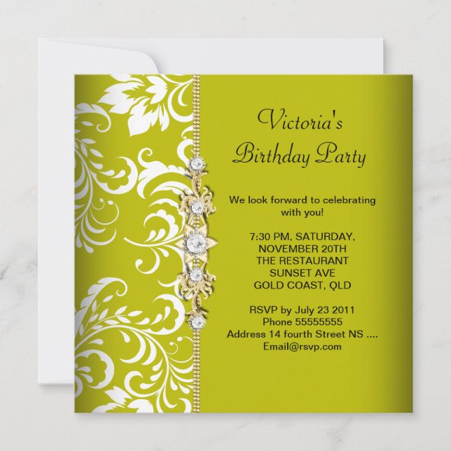 Damask Green Avocado White Birthday Party Gold Invitation (Front)