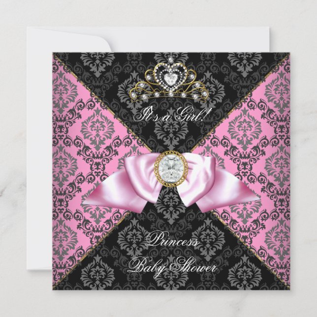 Damask Grey Black Pink Princess Baby Shower Girl Invitation (Front)