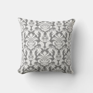 Damask Grey White Elegant Velvet Lux Throw Pillow