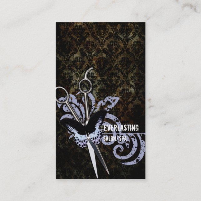 damask grunge butterfly hair stylist scissors appointment card (Front)