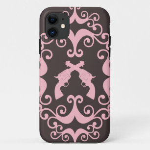 Damask guns grunge western pink goth pattern iPhone 11 case