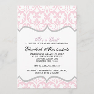 Damask Heart Pink Ribbon Baby Shower Invitation