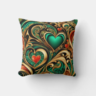 Damask Hearts Gold Teal Coral Repeat Pattern Throw Pillow