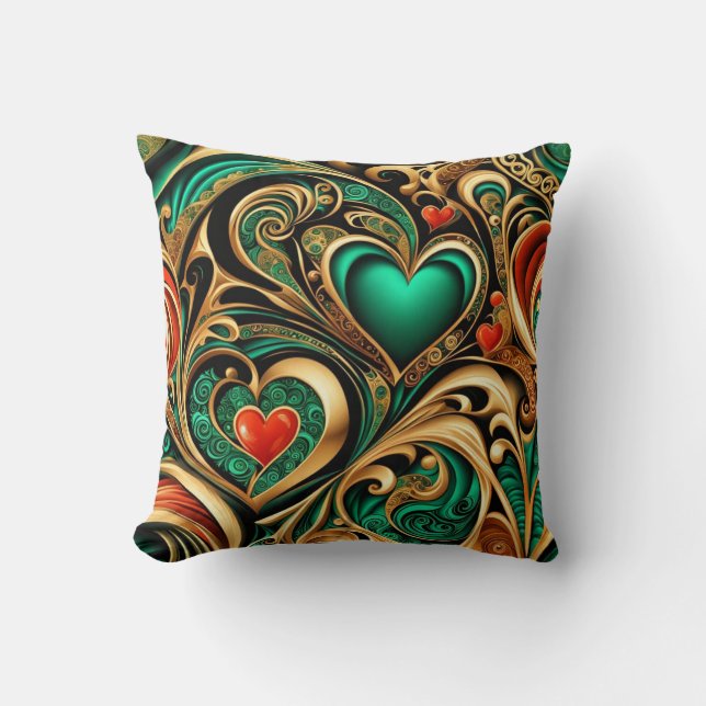 Damask Hearts Gold Teal Coral Repeat Pattern Throw Pillow (Front)
