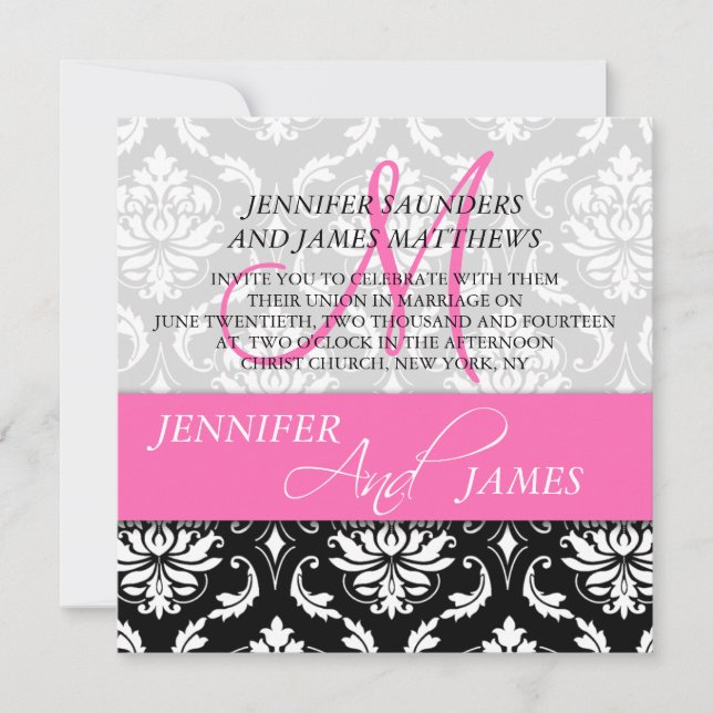 Damask Hot Pink Monogramme Nom Mariage Invitations (Devant)