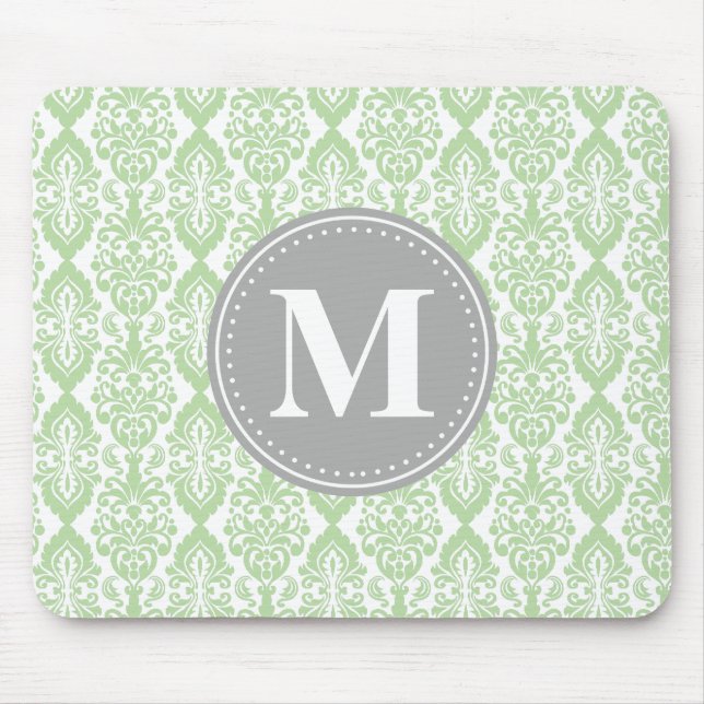 Damask in Mint Green Grey Monogram Mouse Pad (Front)
