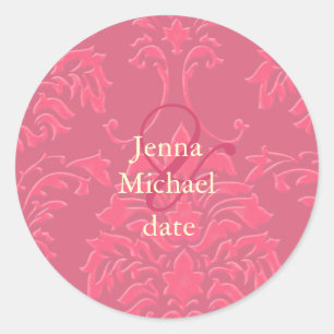 Damask in raspberry wedding stickers