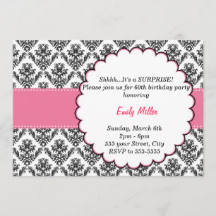 Damask Invitation Adult Birthday Party Black Pink