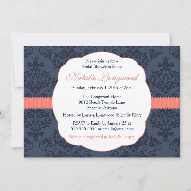 Damask Invitation Mariée, Baby shower, marine cora (Devant)