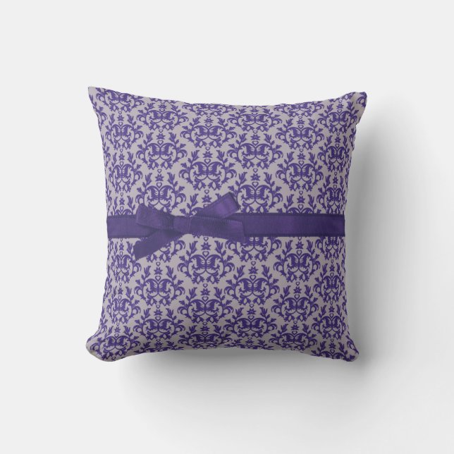 Damask "Kangaroo Paws" purple grey ribbon pillow (Front)