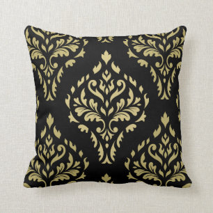 Damask Leafy Baroque Pattern Black & Golds Throw Pillow