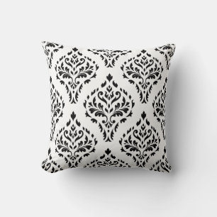 Damask Leafy Baroque Repeat Pattern B&W II Throw Pillow