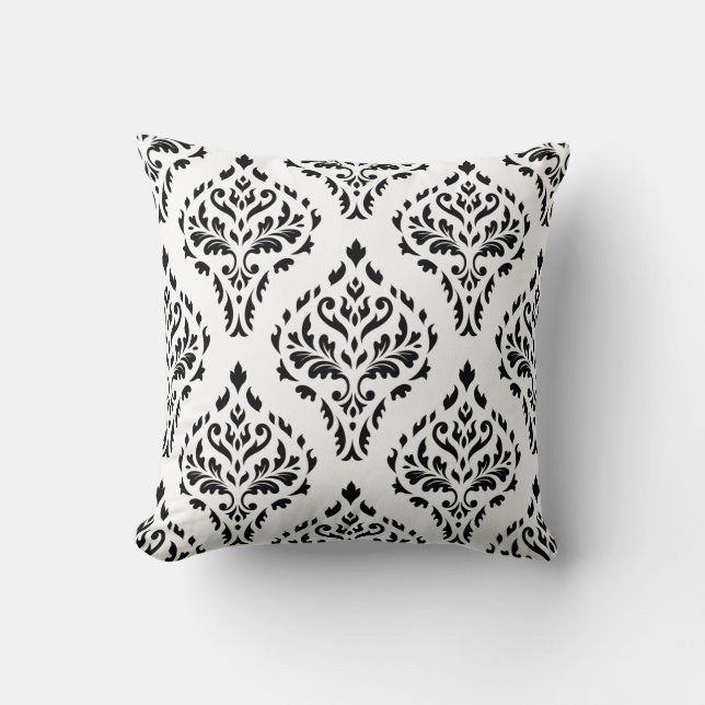 Damask Leafy Baroque Repeat Pattern B&W II Throw Pillow (Front)