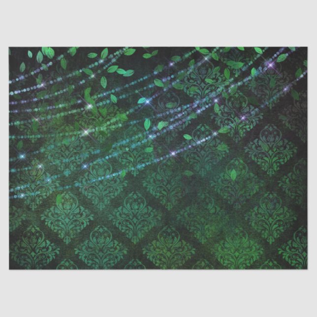 Damask, Leaves and Lights on Green Decoupage Tissue Paper (Front)