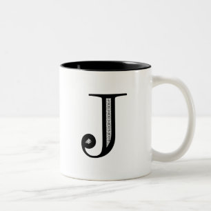 Damask Letter J - Black Two-Tone Coffee Mug
