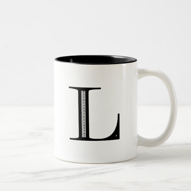 Damask Letter L - Black Two-Tone Coffee Mug (Right)