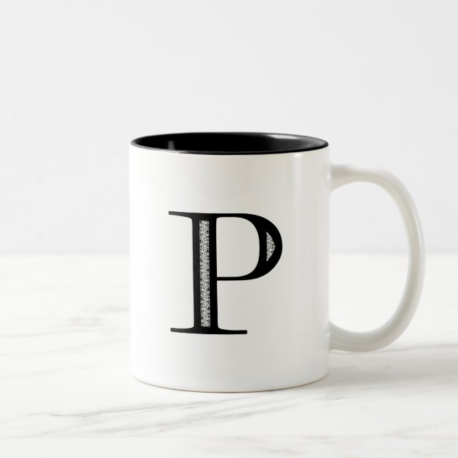 Damask Letter P - Black Two-Tone Coffee Mug (Right)