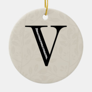 Damask Letter V - Black Ceramic Ornament